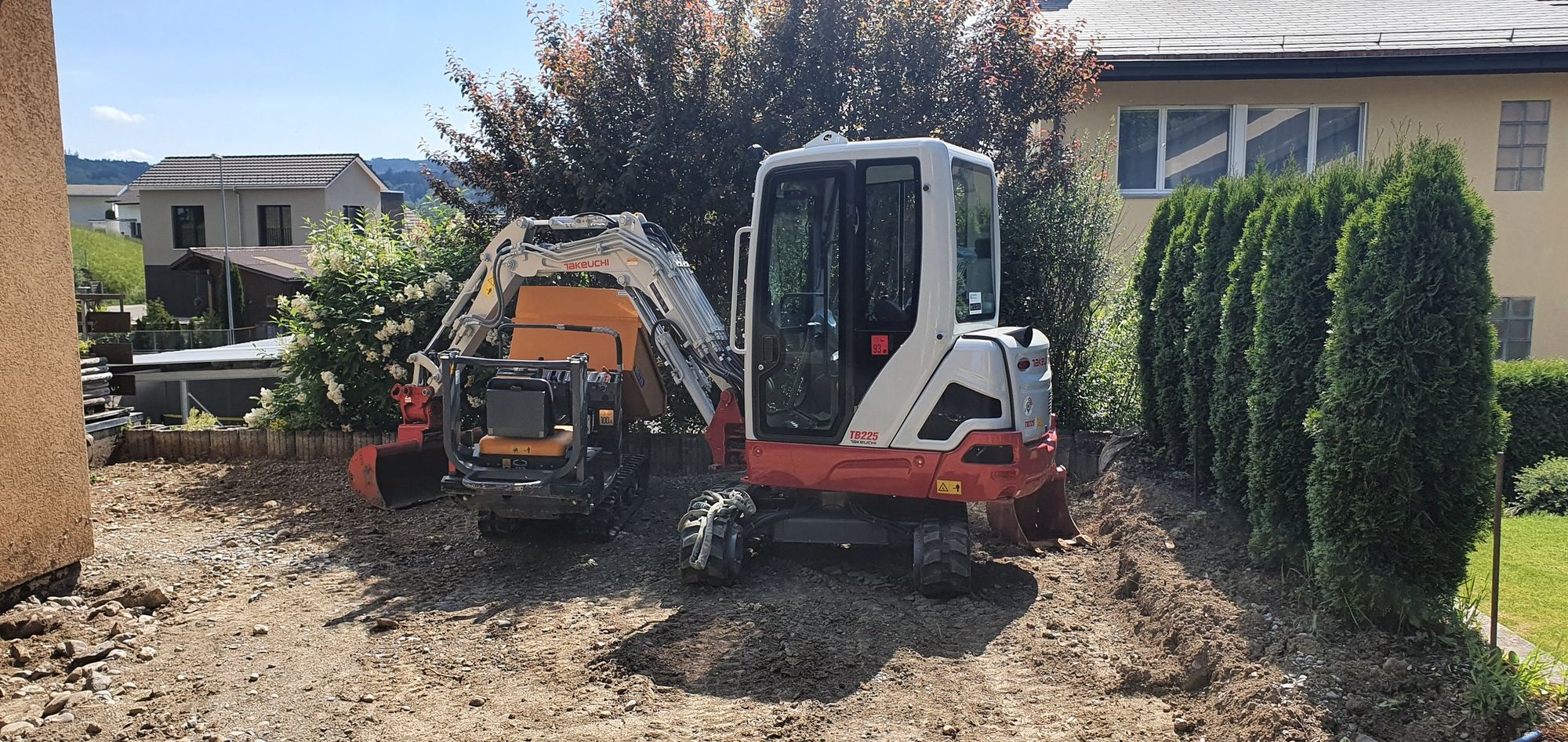 Zwei Bagger auf einer Baustelle neben einer Thujahecke